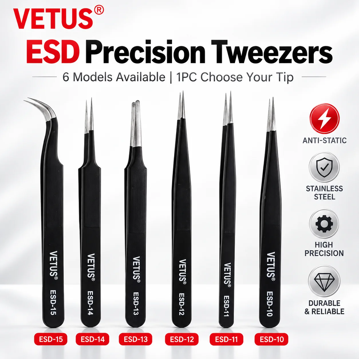 VETUS ESD Anti-Static Precision Tweezers Stainless Steel ESD10 ESD11 ESD12 ESD13 ESD14 ESD15 for PCB Soldering Electronics Repai