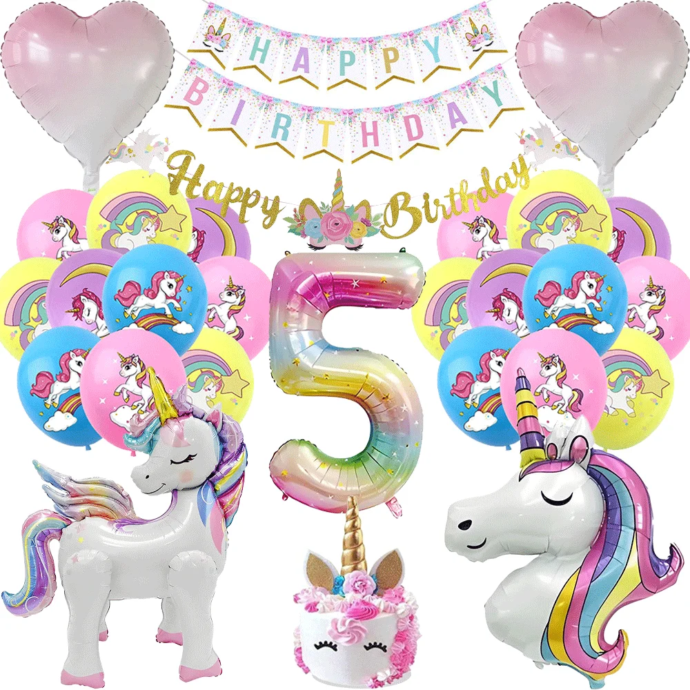 Einhorn Geburtstagsmädchen Luftballons 4 Jahre Einhorn Tortendekoration Happy Birthday Banner 3.-6. Einhorn Mädchen Geburtstagsparty Dekorationen – Detail 5