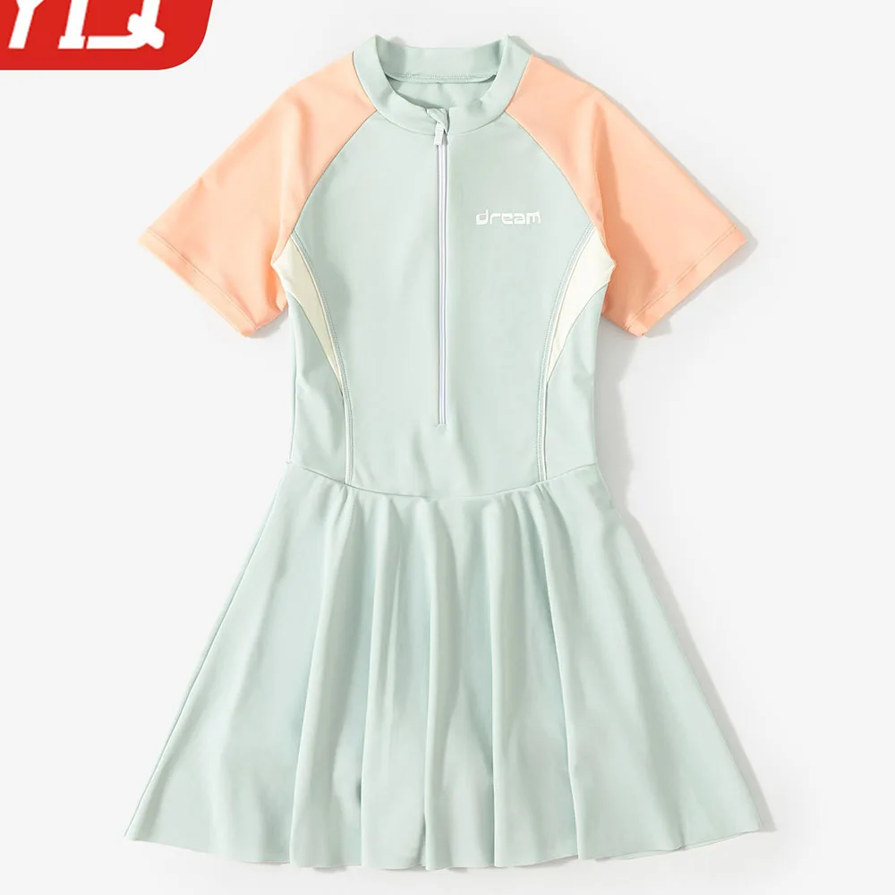 Girls' Children's One-Piece Dress Swimsuit Color Blocked Quick Drying One-Piece Summer Swimming Pool Hot Spring Beach Swimsuit