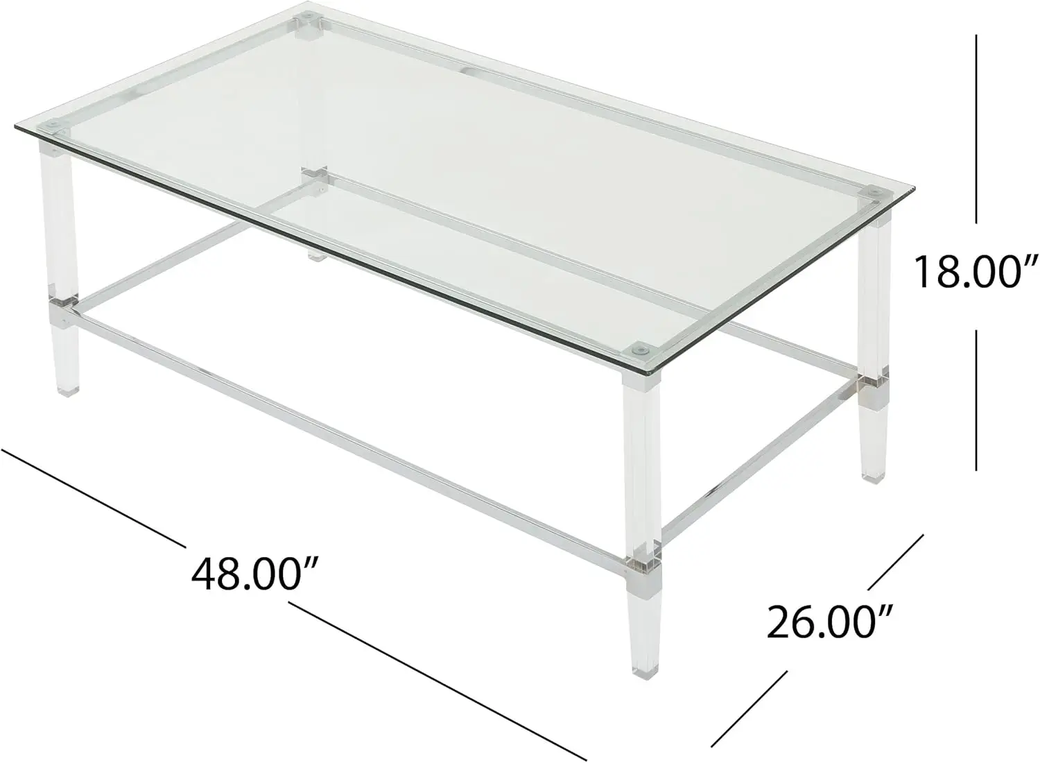 طاولة قهوة مستطيلة من الزجاج المقسى الحديث من بايلا مع لمسات أكريليك وحديد، شفافة، 26 بوصة × 48 بوصة × 18 بوصة