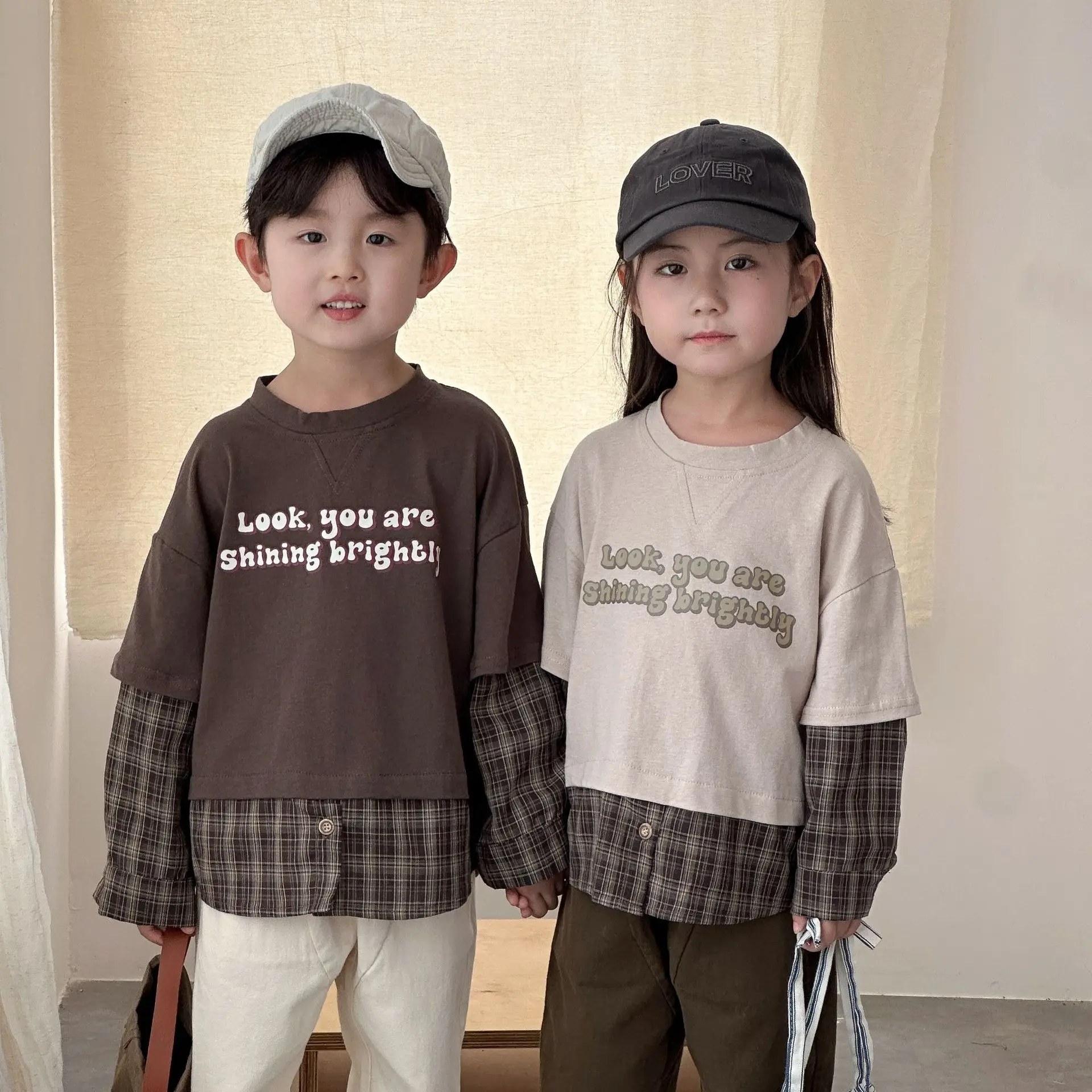 

Children's Long Sleeved Hoodie, Fake Two Pieces Boys' Autumn Clothes Girls' Checkered 2025 New Baby Top