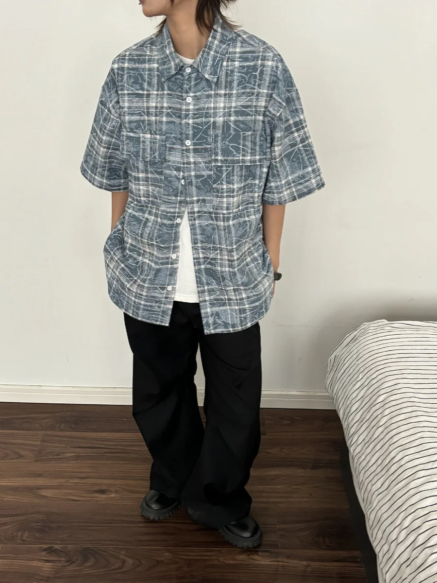 Sommer American Plaid Cra Print ort Sve irt Herren Vintage Umlegekragen Paar Lässig Vielseitig f Sve irt