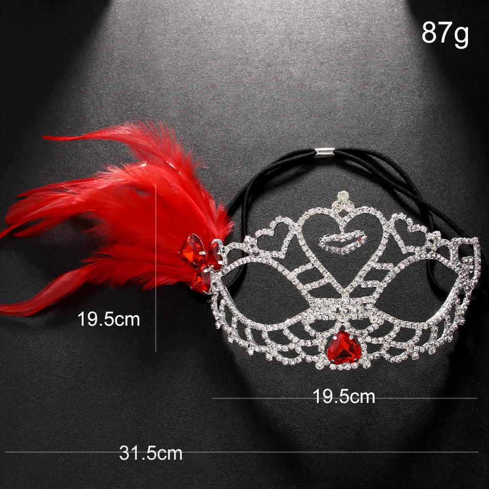 Stonefans Rave Red Heart Feather Mask Veil Cosplay Face Accessories Nightclub Jewelry Hollow Rhinestone Mask Chain Prom Women