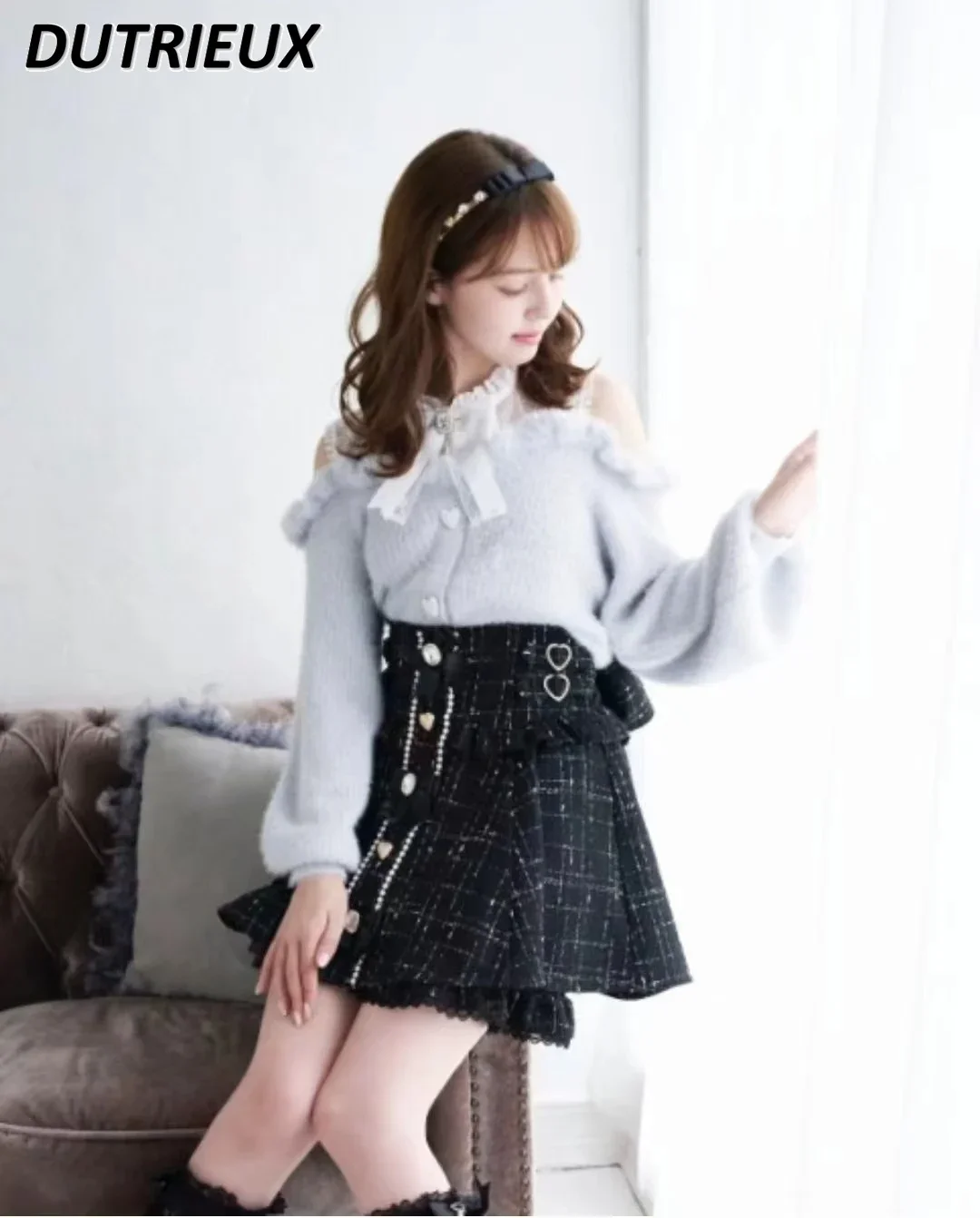 Japanese Lolita Autumn Winter New Sweet Furry Off-shoulder Sweater Stand-up Collar Versatile Long-sleeved Outer Knitted Pullover