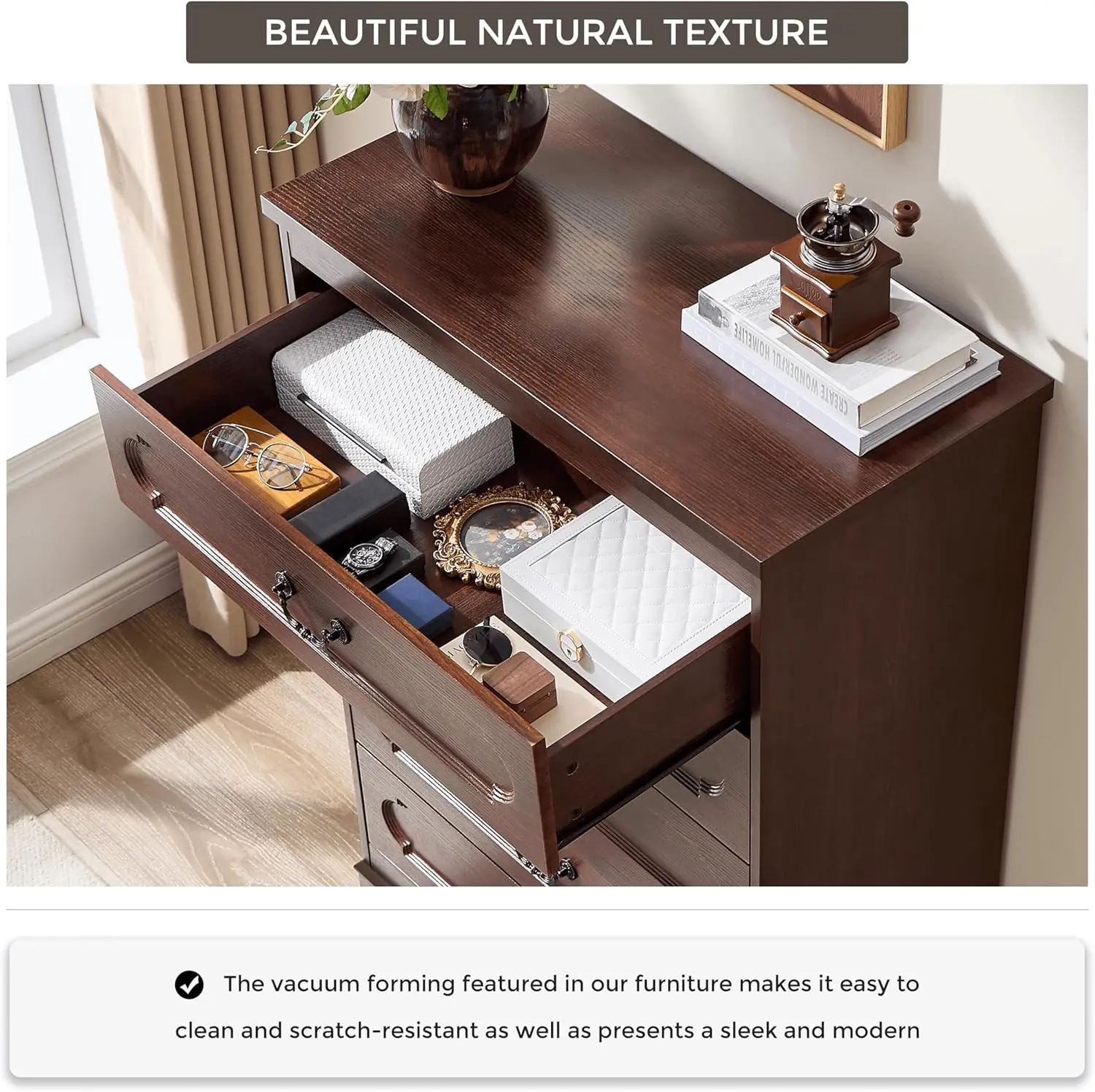 Dresser for Bedroom Farmhouse Cherry Wood Chest of Drawers for Bedroom Dresser, Rustic Wide Drawers Dressers image 5