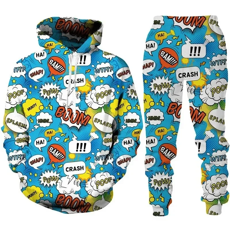 Autumn Fashion Funny Graffiti Men Hoodies 3D Printing Sportswear Sweatshirt Set Hip Hop Casual Two Piece  Suits  Outdoor