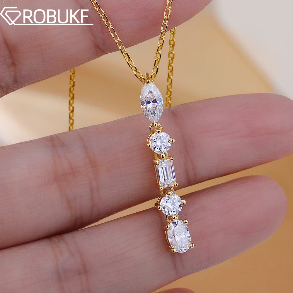 

14K Gold Plated Moissanite Pendant Necklaces for Women 2.1cttw Five Stone Lab Diamond 925 Sterling Silver Vertical Line Jewelry