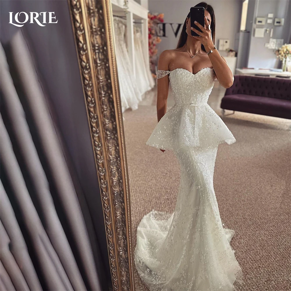 

LORIE Luxury Mermaid Glitter Wedding Dresses Off Shoulder Backless Sparkly Sleeveless Bridal Gowns Sequins Bodycon Bride Dress