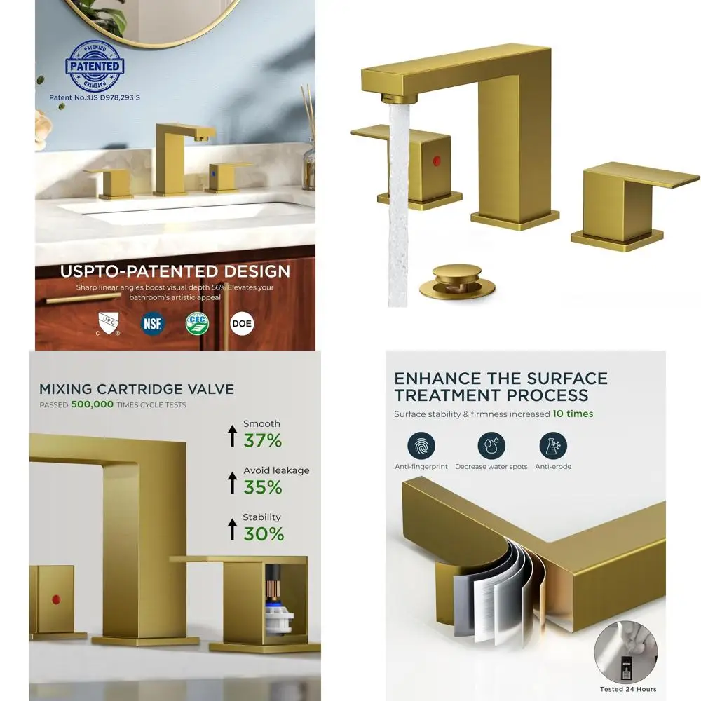 

8 Widespread Brushed Gold 3-Hole Square Bathroom Faucet with Metal Drain and 24 Supply Lines for Vanity Sink Remodel