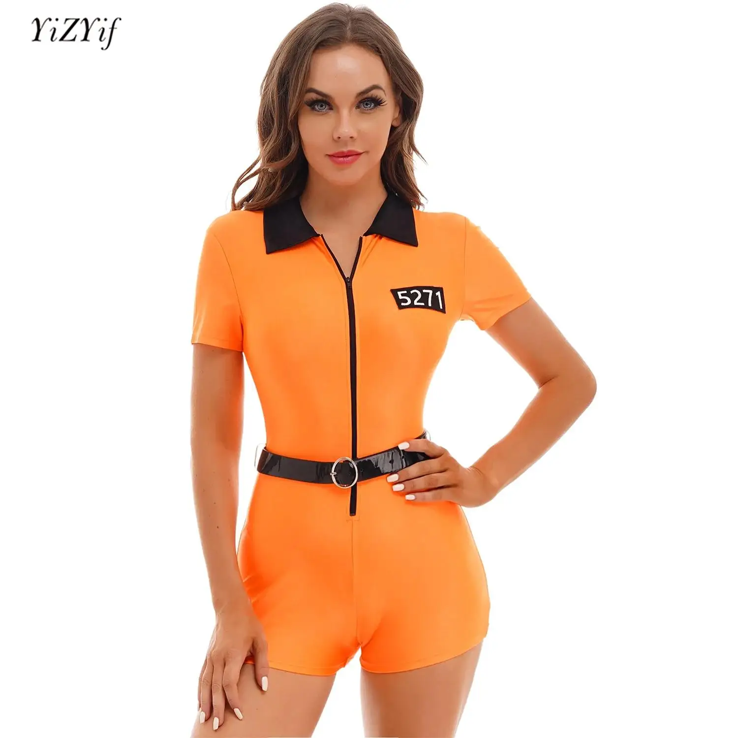 

Womens Halloween Prisoner Cosplay Costume Fancy Ball Carnival Theme Party Outfit Orange Zipper Short Sleeve Jumpsuit+Belt Set