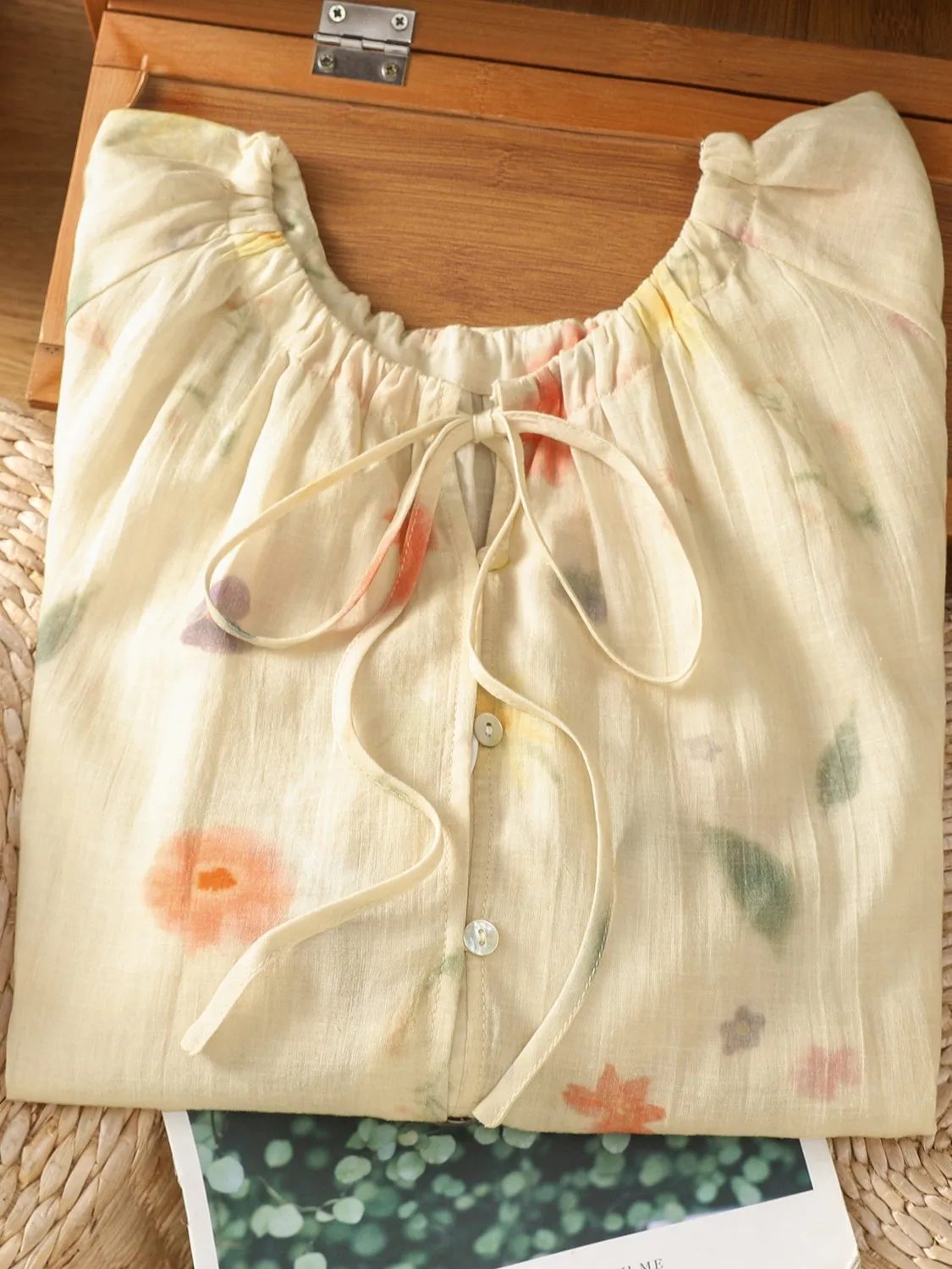 Doux Floral coton lin coupe ample rond Ne bouton up irt femmes été minceur Protection solaire sept Sve irt