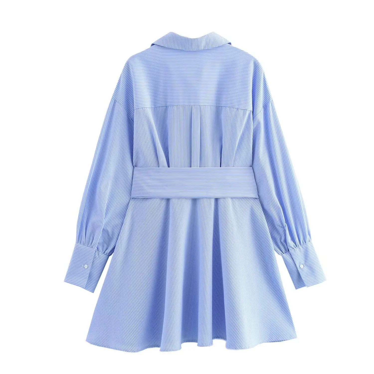 Europejska i amerykańska odzież damska w paski z paskiem, sukienka w stylu koszuli z długim rękawem.