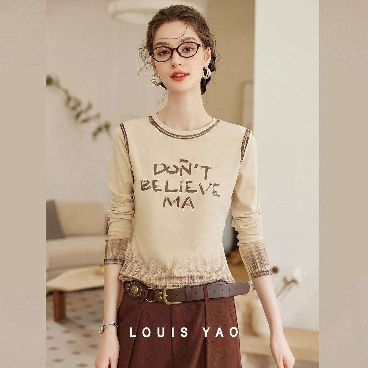 

LOUIS YAO Women's T-Shirt 2025 Autumn Micro-Stretch Casual Tops for Women Fashionable Printed Gradient Long-Sleeve T-Shirt