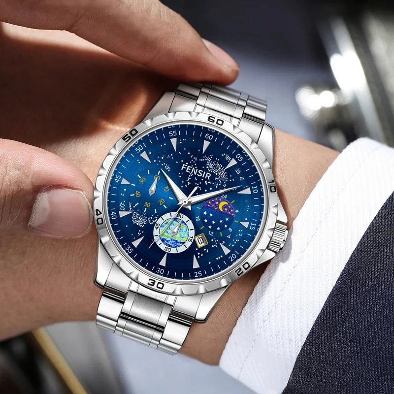 

European and American Style High-End Luxury Fashion New Model Starry Sky Men's Watch Quartz Wristwatch Luminous Waterproof Calendar Starry Sky High Aesthetic Appeal Ghostly Steel Band Leather Strap Men's Model, Fashion Accessory, Suitable for Business and