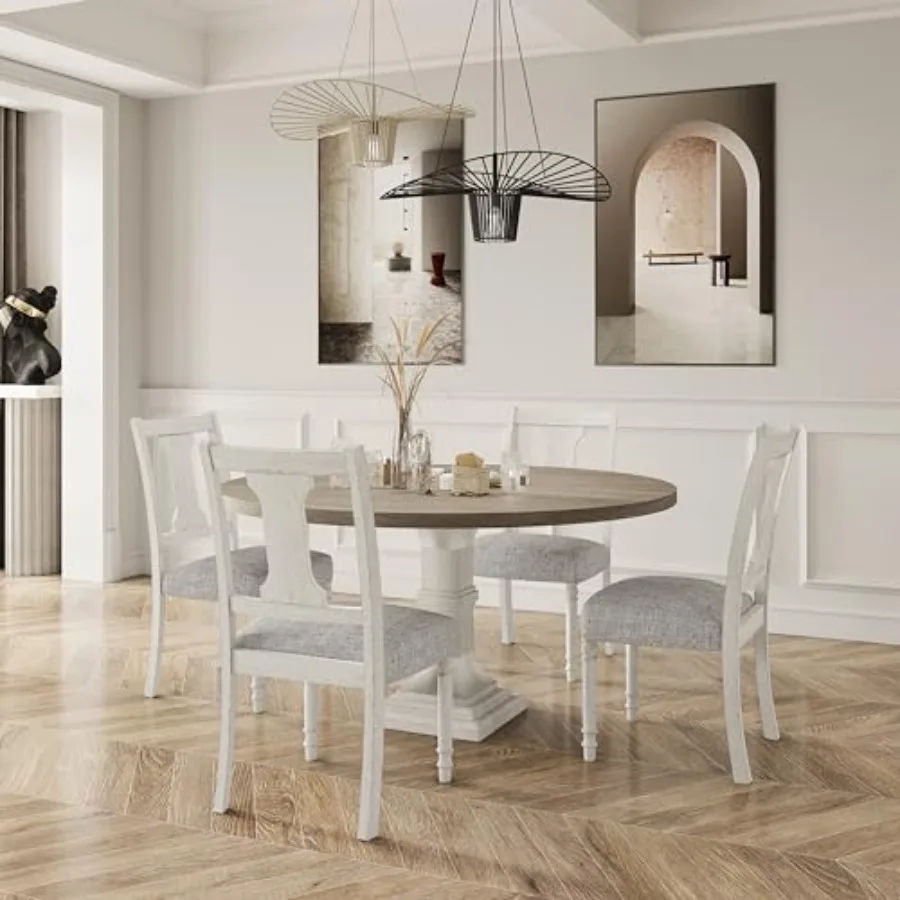 

59" 5-Piece Round Dining Set, Gray Tabletop with White Pedestal Base, 4 Gray Linen Upholstered Side Chairs, Modern Rustic Furni
