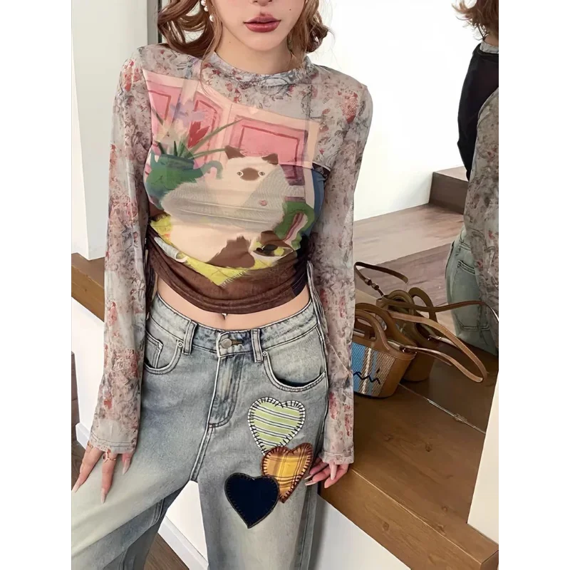 

Осенняя женская футболка с длинными рукавами и принтом в стиле ретро, новые тонкие нишевые топы универсального дизайна