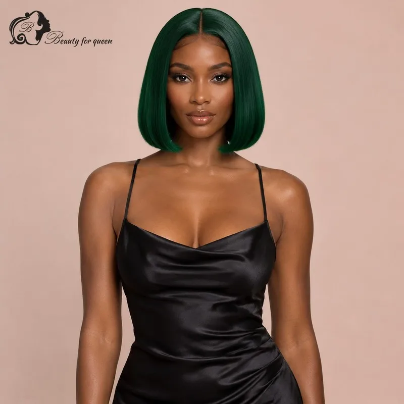 Forest Green Straight Lace Front Wig Short New Sleek Party Shiny For Lady Pre Plucked Ready To Wear Everyday Vixen Middle Part