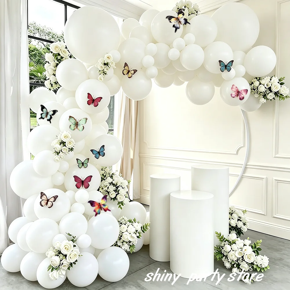 112Pcs White Matte Latex Balloon Arch Garland Kit 10cm Fabric Butterfly Decor Wedding Bridal Shower Engagement Birthday Party