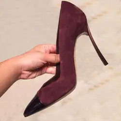 Women Burgundy Black Suede Leather Pointed Toe Patchwork Shallow Slip On 6 8 10 CM Iron Thin Heels Party Dress Pumps Shoes Lady