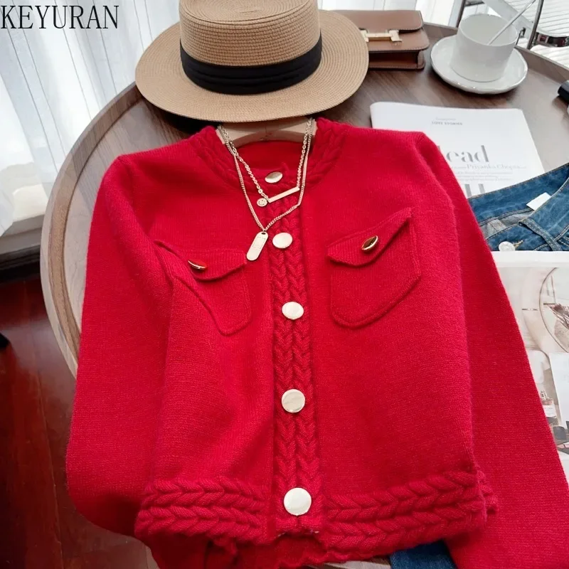 2024 Autumn Autumn Knitted Cardigan Sweater Coat Women Vintage Fashion V-neck Long Sleeve Solid Casual Knitwear Crop Tops Jumper