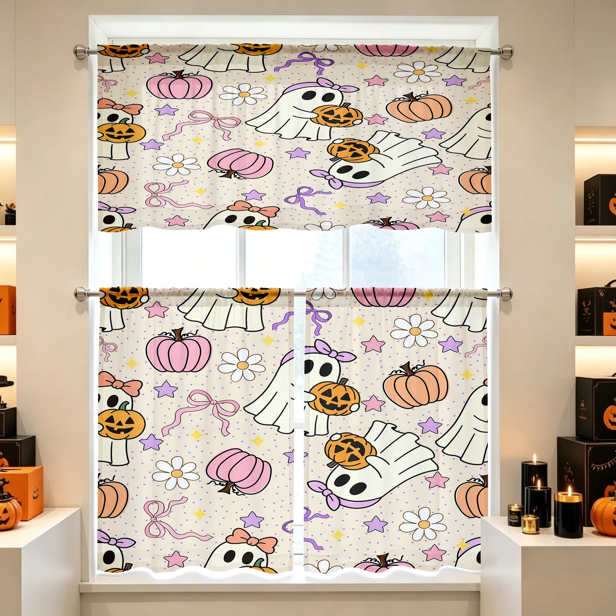 Halloween Fall Kitchen Curtains, Bow Ghost Pumpkin Daisy, Digital Print, Kitchen Dining Room, Rod Pocket Polyester, Home Decor