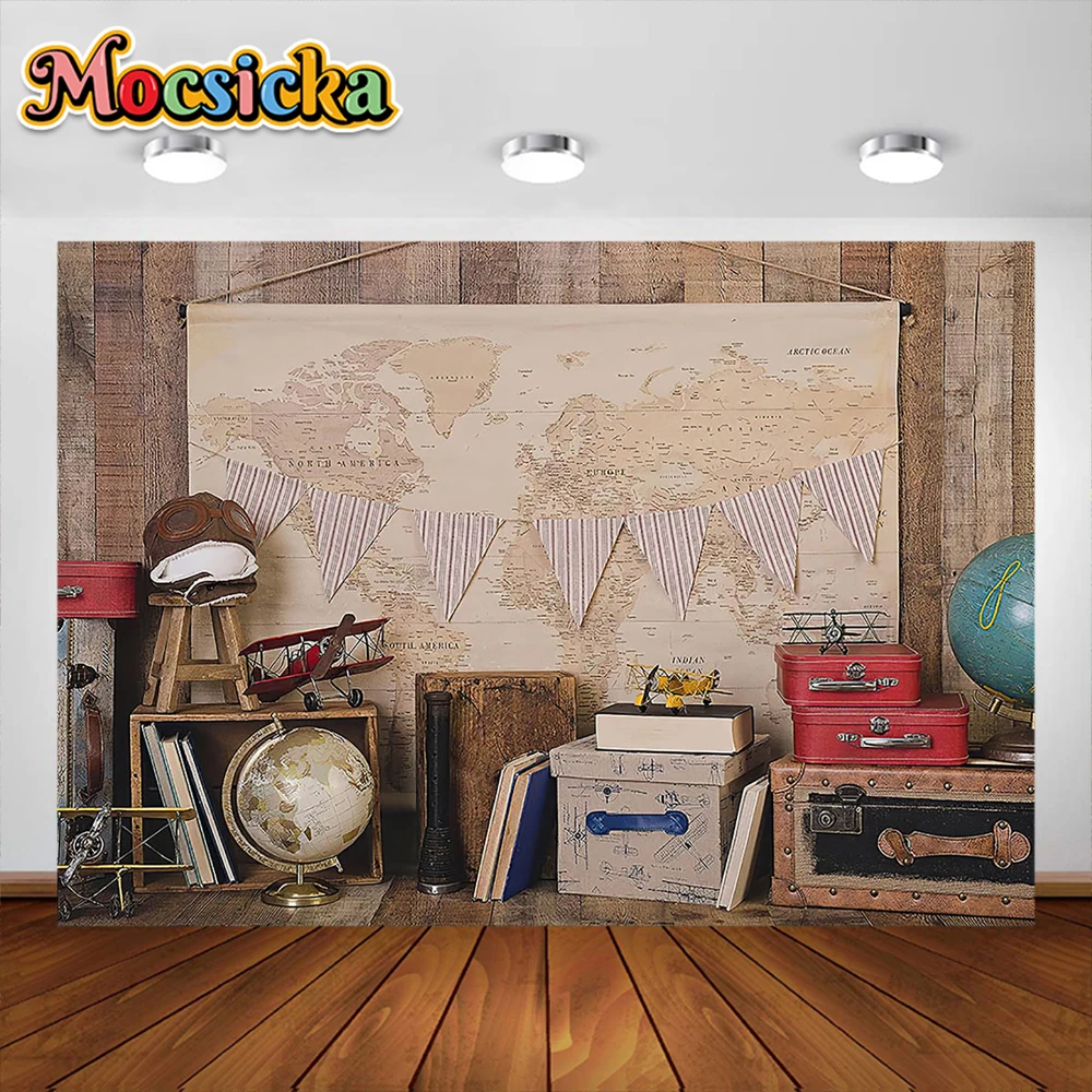 

Mocsicka World Map Theme Background Global Travel Birthday Party Backdrop Photography Children Kids Portrait Studio Props Banner