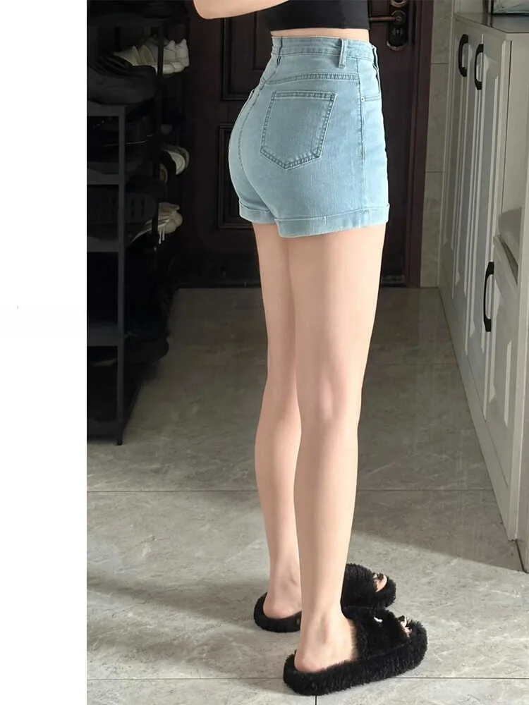 American Style Hot Girl High Waist Cuffed Denim Shorts Women Summer New Arrival a Line Light Color Slimming Hot Pants