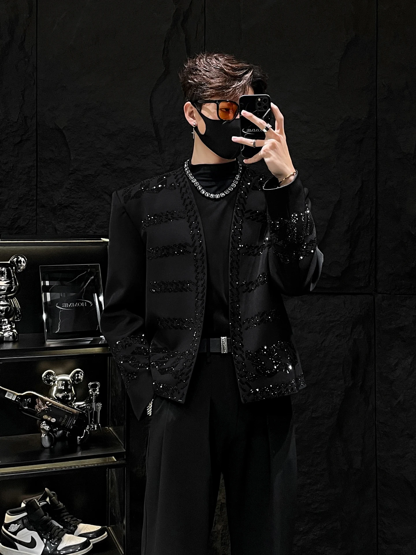 

Heavy Industry Sle Flaing Drill Bla Unlined Men's Suit Jaet Stage Performance Personali Cus-Made Long Sve Coat