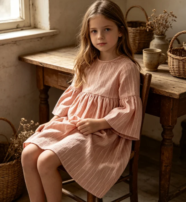 Girls Dress 2026 Spring and Autumn New Children's Clothes Girls Baby Cotton Seaside Lovely Pure Cotton Horn Sleeve Dress