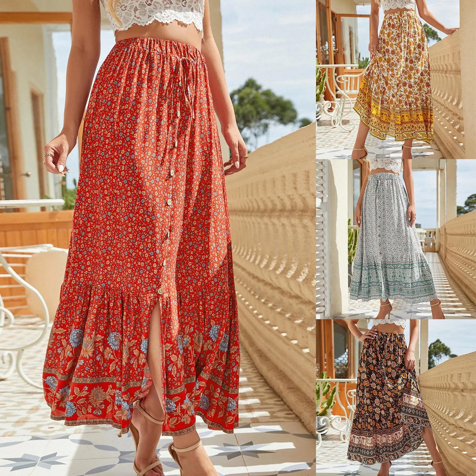 Summer Bohemia Long Floral Skirt Print Buttoned Slit Skirt Women Beach Faldas Female Boho Elastic Waist Holiday Maxi Skirts