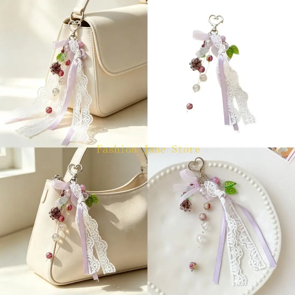 N5KA Beaded Grape Accessory with Ribbon, Lace and Silver-Tone Hardware