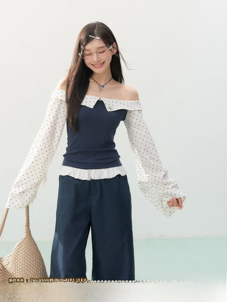 

Женский топ ELEVEN SP Spring Polka Dot с одним открытым плечом и длинным рукавом, красивый уникальный дизайн, корейский стиль, облегающий крой, футболка