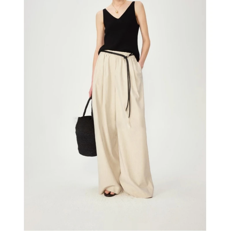 

25 year spring/summer new imported linen soft and elastic versatile elastic waist loose straight leg wide leg pants