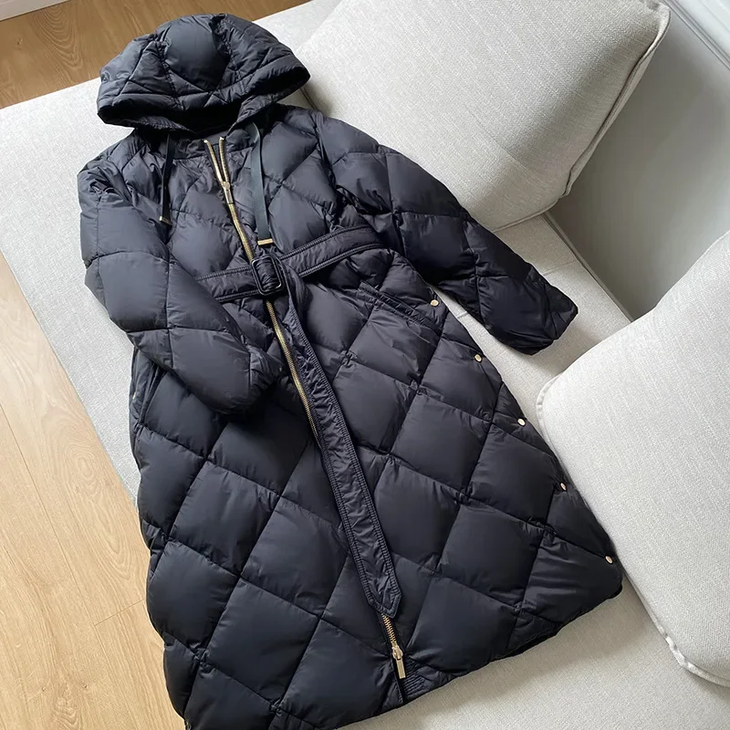 Winter 90% White Duck Down Jacket Female 2024 New Long Hooded Rhombic Belt Coat Loose Fashion Thick Warm Windproof Parka Outwear