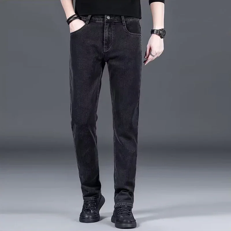 Мужские осенние модные универсальные свободные прямые эластичные джинсы, мужские удобные облегающие джинсовые брюки, умные повседневные брюки