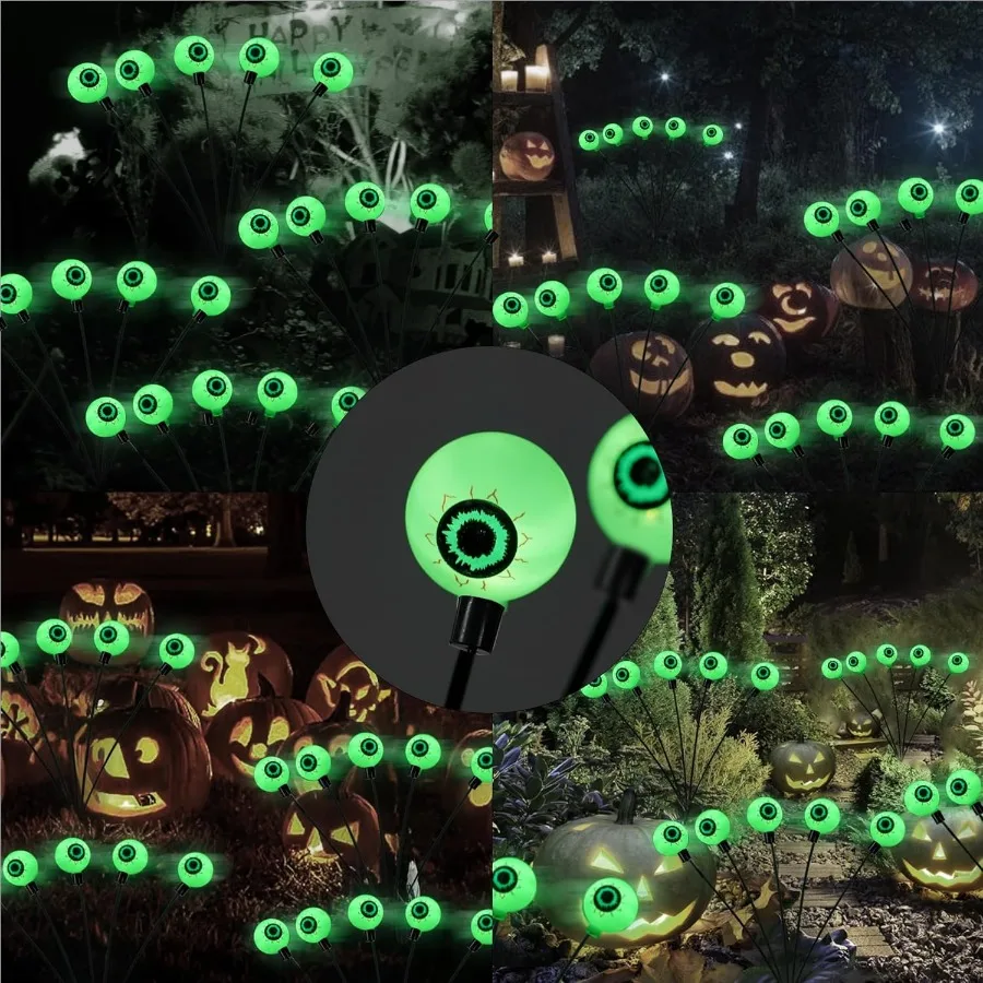 Halloween Decorations Outdoor 4 Pack 24LED Solar Eyeball Pathway Lights Scary Waterproof Solar Green Firefly Ligh