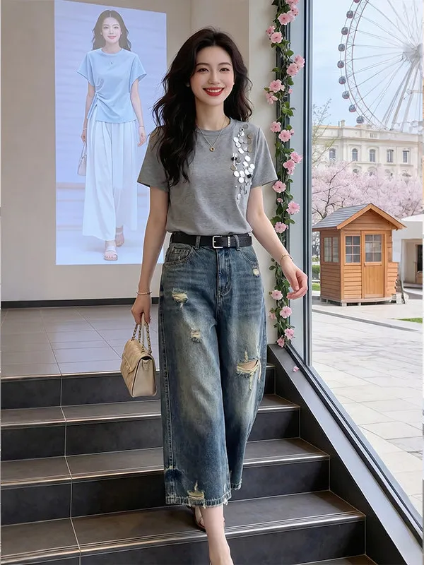 

Retro Wide Leg Crop Denim Jeans Women's Summer New Design Sequin Short Sleeve T-Shirt Two-Piece Set High Waist Floral Pattern