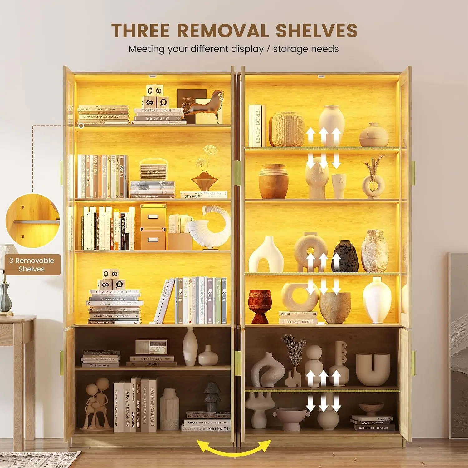 LED Bookshelf with Glass Doors & Adjustable Shelves 71" Tall Display Cabinet Storage, Customized - view 4