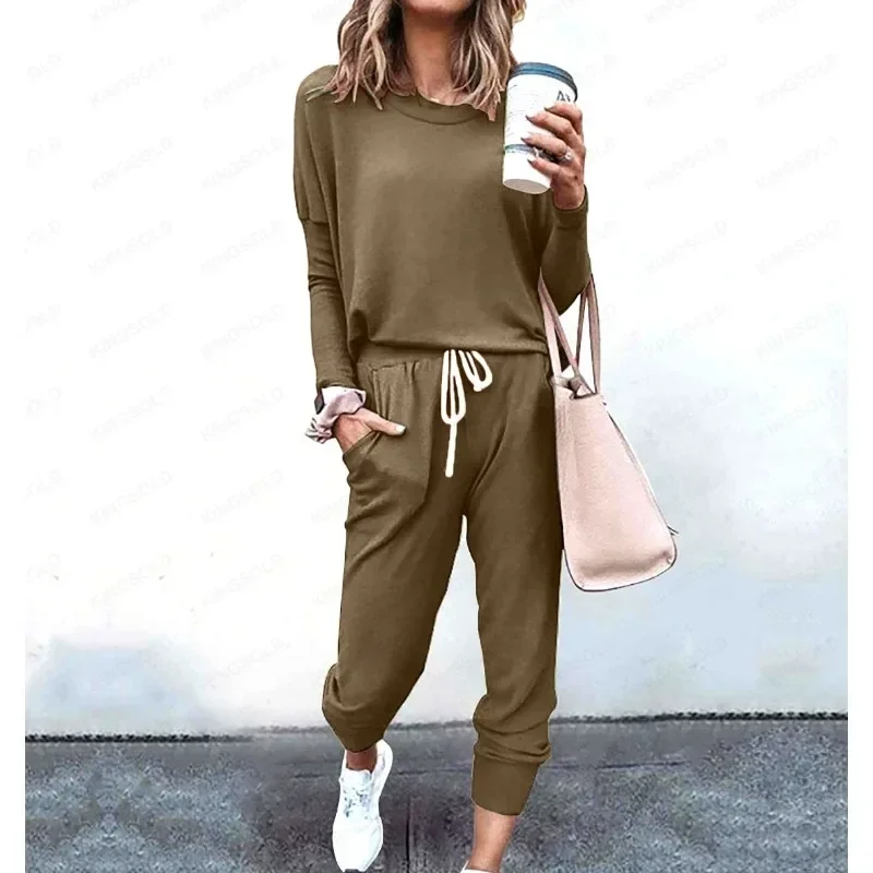 مجموعة سراويل ركاب فضفاضة بأكمام طويلة للنساء ، مجموعة العطلات الترفيهية ، أحادية اللون بسيطة وكتلة ألوان ، مقاس كبير ، الخريف #3