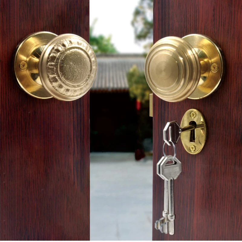 Cerradura de puerta sólida de latón de seguridad antigua para Bungalow, manija de cerradura de puerta de madera antigua, manija de bola, cerradura de llave, puerta de bloqueo