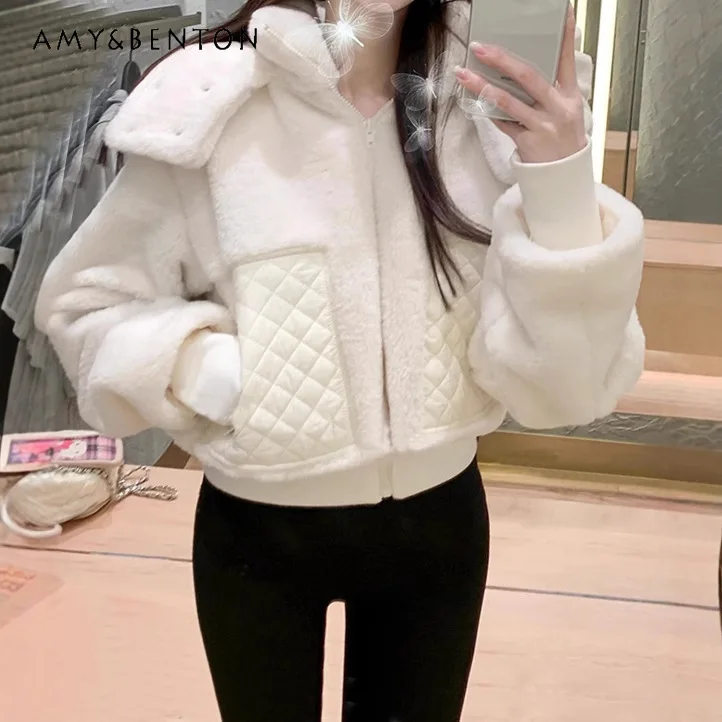 

Autumn Winter Fashion Graceful Short Hooded Cotton Zipper Jacket Temperament Socialite Lamb Plush White Plush Thicken Coat Women