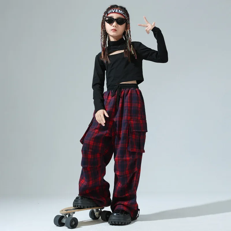 Abbigliamento da ballo Hip Hop per bambini Top corto per ragazze Pantaloni scozzesi Set di abbigliamento per pratica jazz Moda maniche lunghe Vestito da ballo di strada Rave