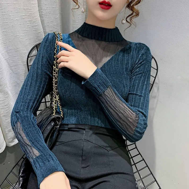 Mesh Splicing Knitted Sweater 2026 Spring Autumn Women's Elastic Slim Turtleneck Long Sleeve Sweater Office Lady Elegant Shirt 4