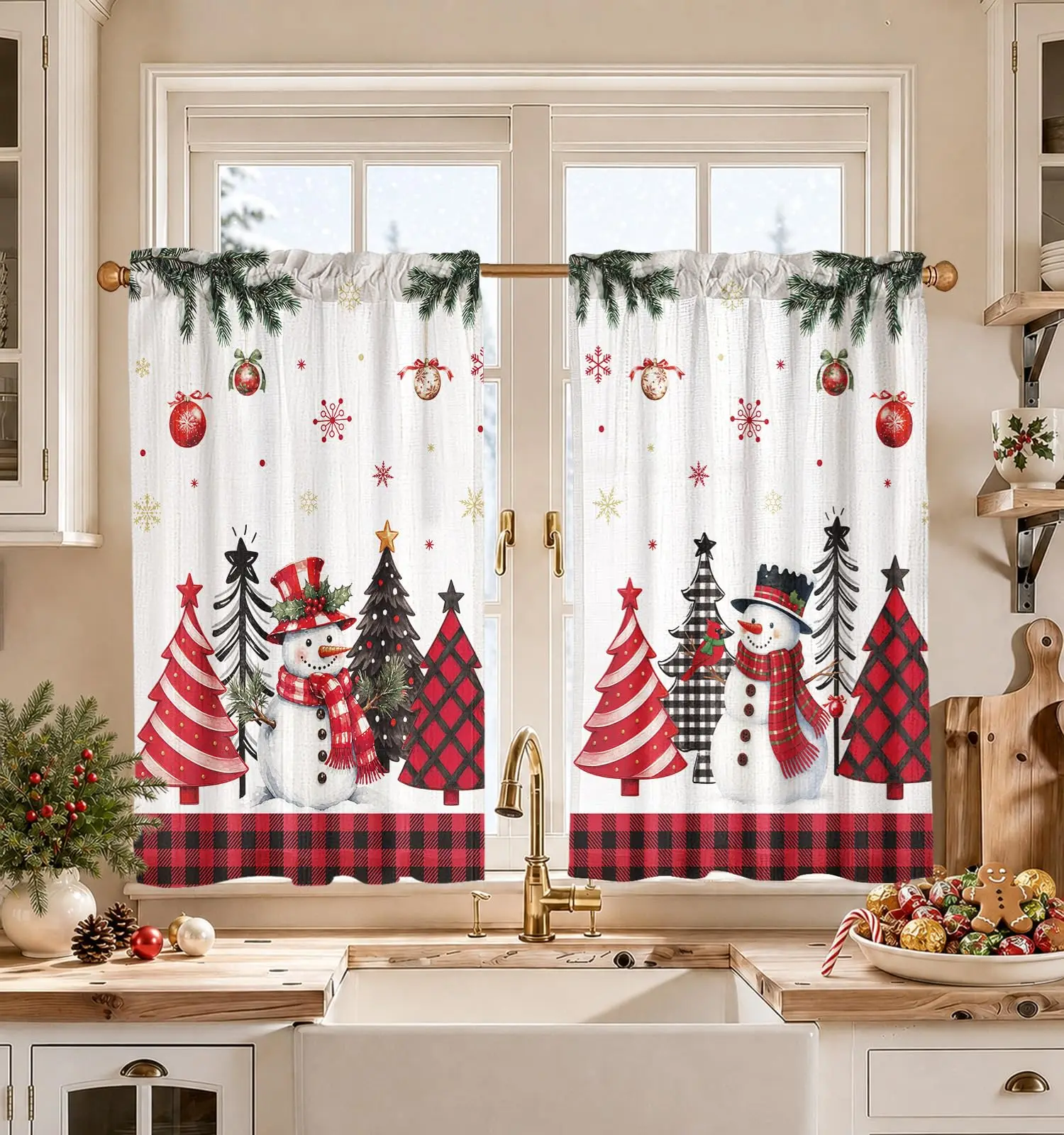 Miss Adola Snowman Christmas Tier Curtains, Linen Blend Cafe Curtains Light Filtering Rod Pocket 2 Panels Kitchen Window Decor