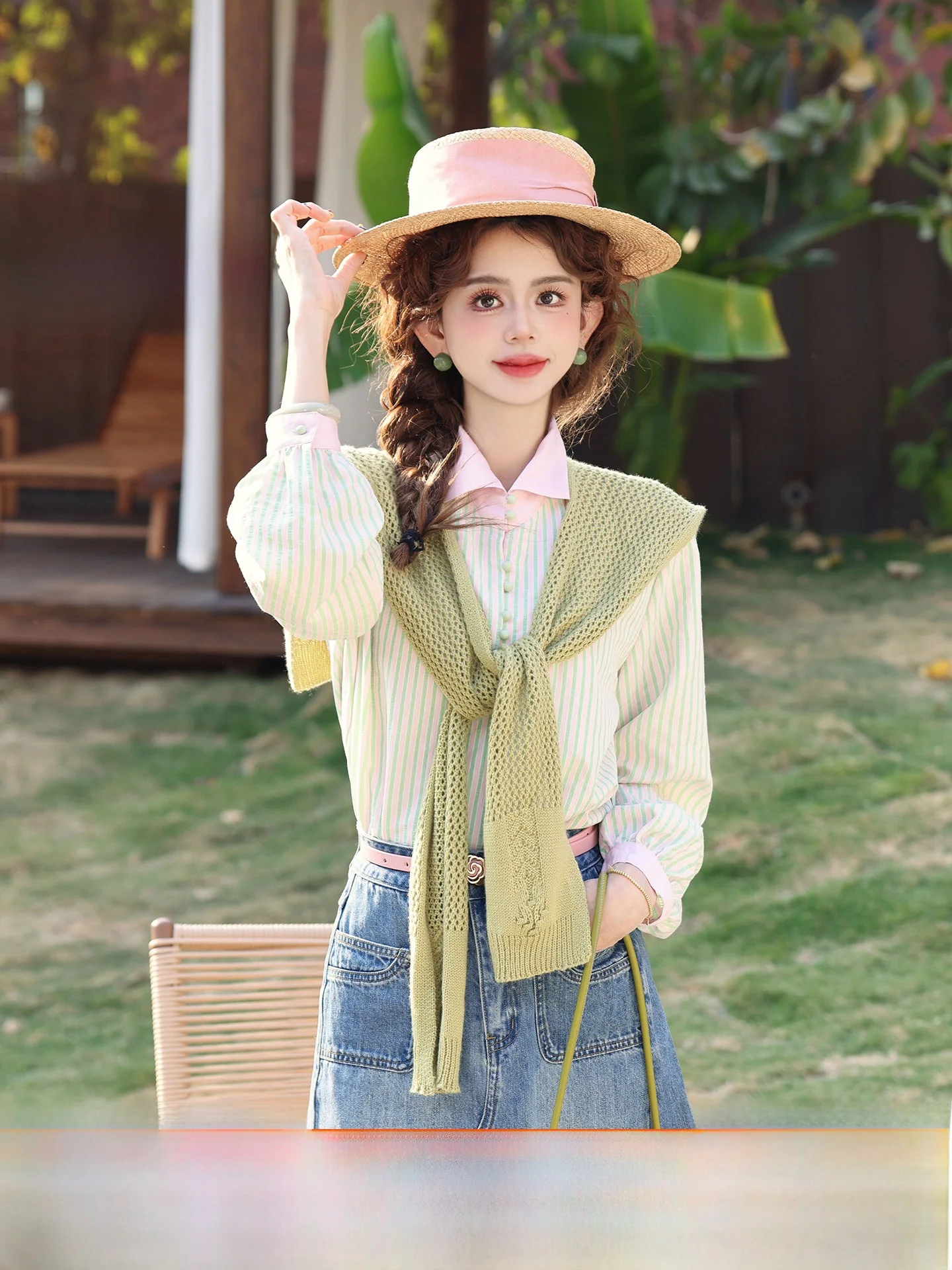 

Chen Jiajie Early Spring Striped Loose Fit Long Sleeve Women's Shirt Casual Versatile Knitted Polyester Blend Knot ...