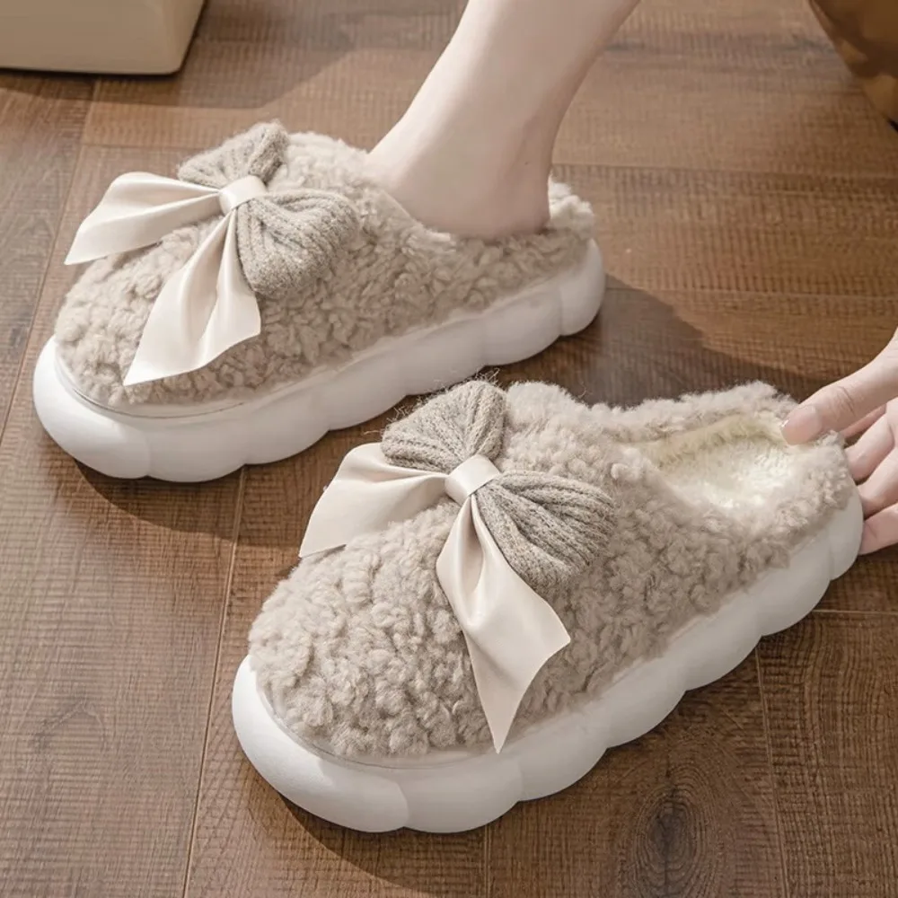 

Cute Anti Slip Warm Fur Slippers Student Home Winter Warm Slippers Flat Heel Bedroom Fluffy Bow Slippers Girls
