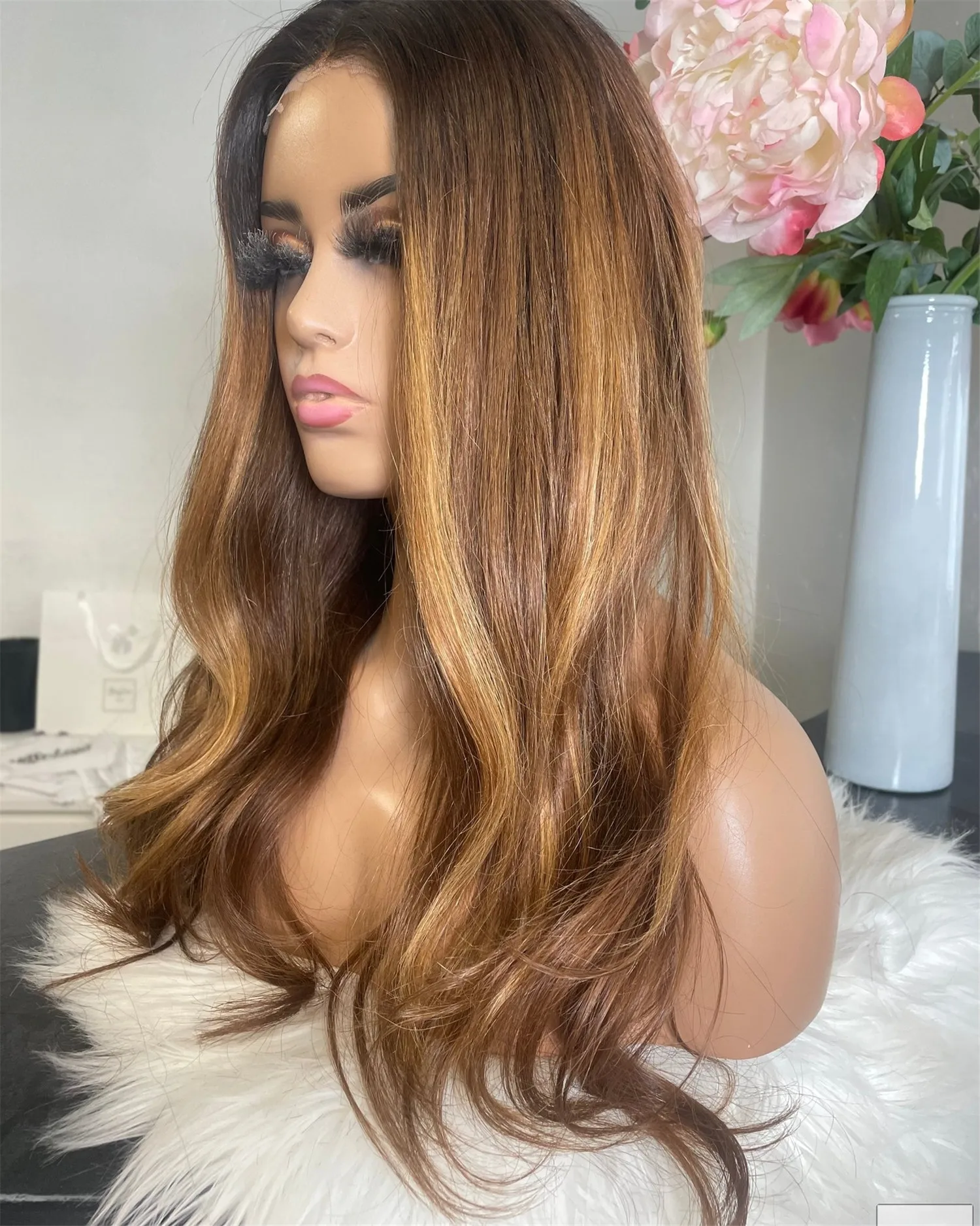 Ombre Honey Brown with Highlights Premium Fibre Wave Synthetic Lace Front Wigs Lightweight and Breathable Small Large Cap Size