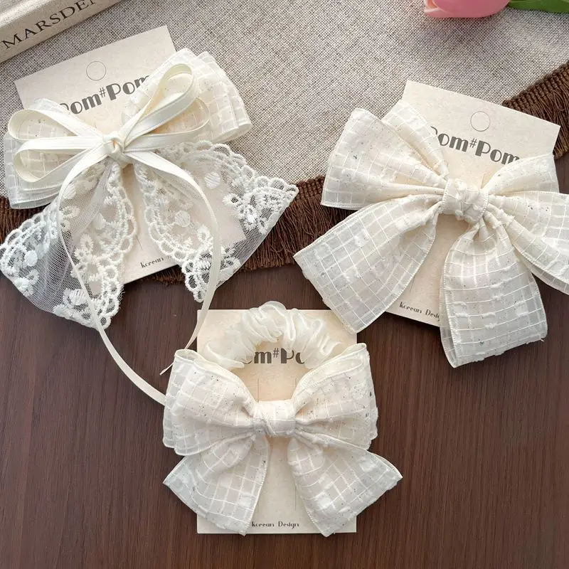 New Spring Summer Kids Girls Beige Lace Bow Hairpin Back of Head Hair Accessories Toddler Elegant All-Match Headwear W031