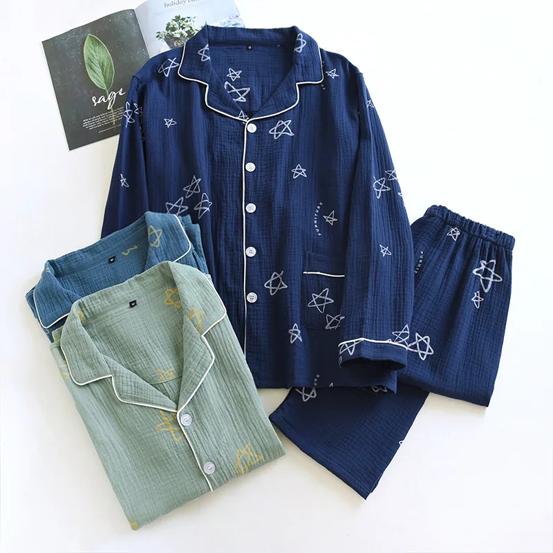 

Spring Autumn Men Casual Pajama sets Male 100% Cotton Gauze Sleepwear Suit Long Sleeve Turn-down Collar Shirt & Pants