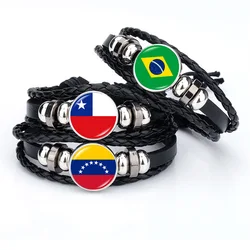 New South American Flag Leather Bracelet Venezuela Brazil Chile Argentina Bolivia Colombia Black Multilayer Glass Woven Bangles